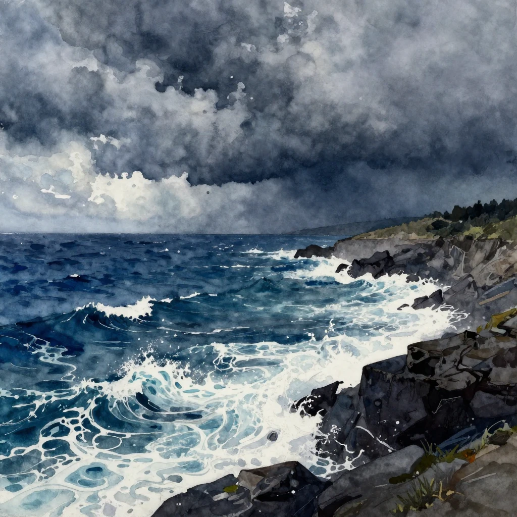 A dramatic seascape in vibrant watercolor style, with dark, ...