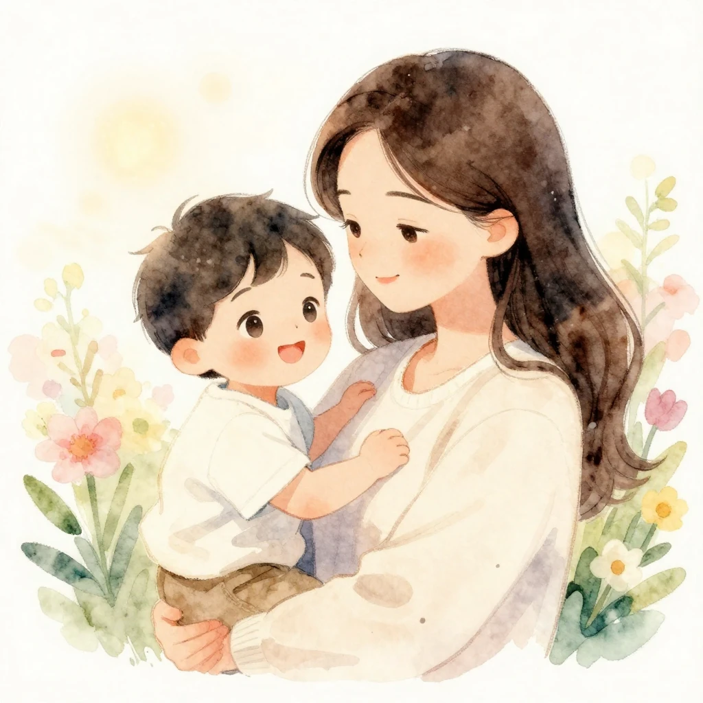 A warm and tender watercolor illustration of a mother and ch...