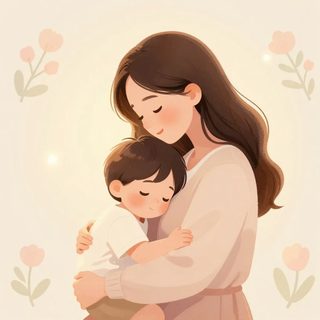 A tender, warm illustration depicting a mother and child in ...