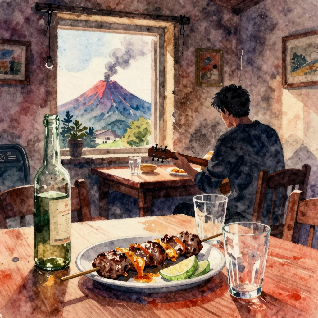 Vibrant watercolor style. Cozy, slightly worn-out, dimly lit...