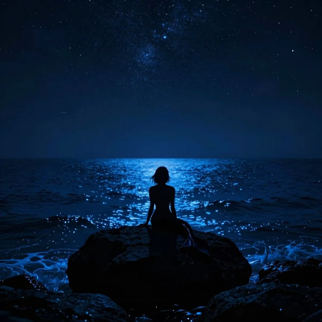 A lonely silhouette of a mermaid sitting on a dark coastal r...