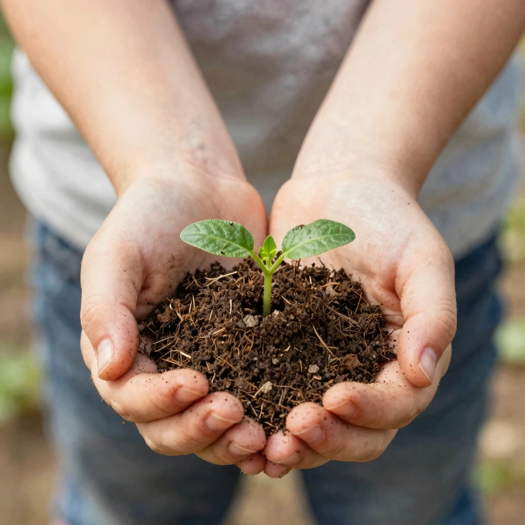 Close-up of a mother and child's hands with garden soil on t...