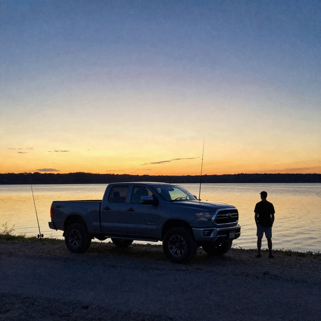 A watercolor style image of a large pickup truck parked by t...