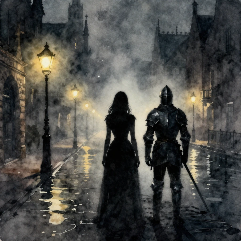 Watercolor painting of mysterious silhouettes of a woman and...