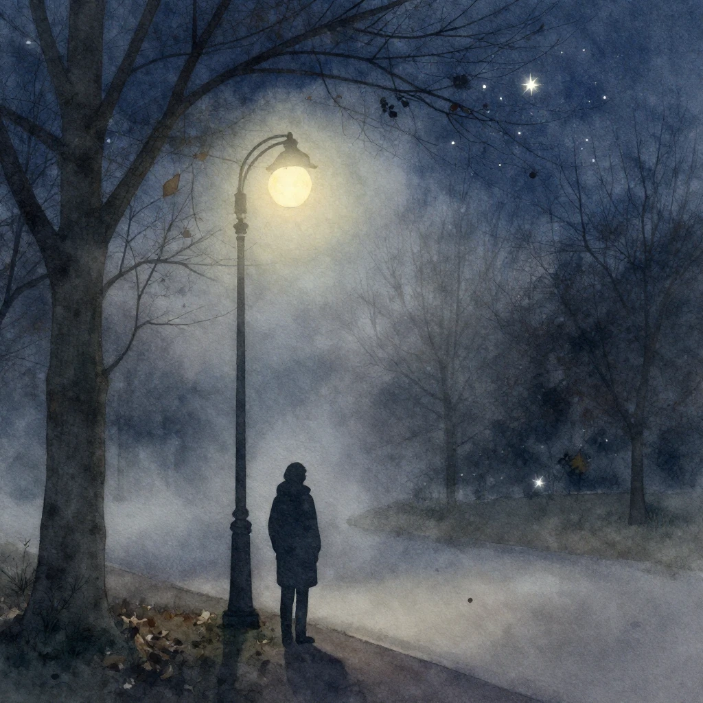 Watercolor art portraying a misty November park scene at nig...