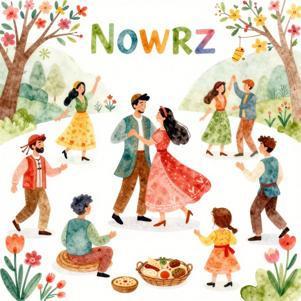Vibrant watercolor painting depicting a festive Nowruz celeb...
