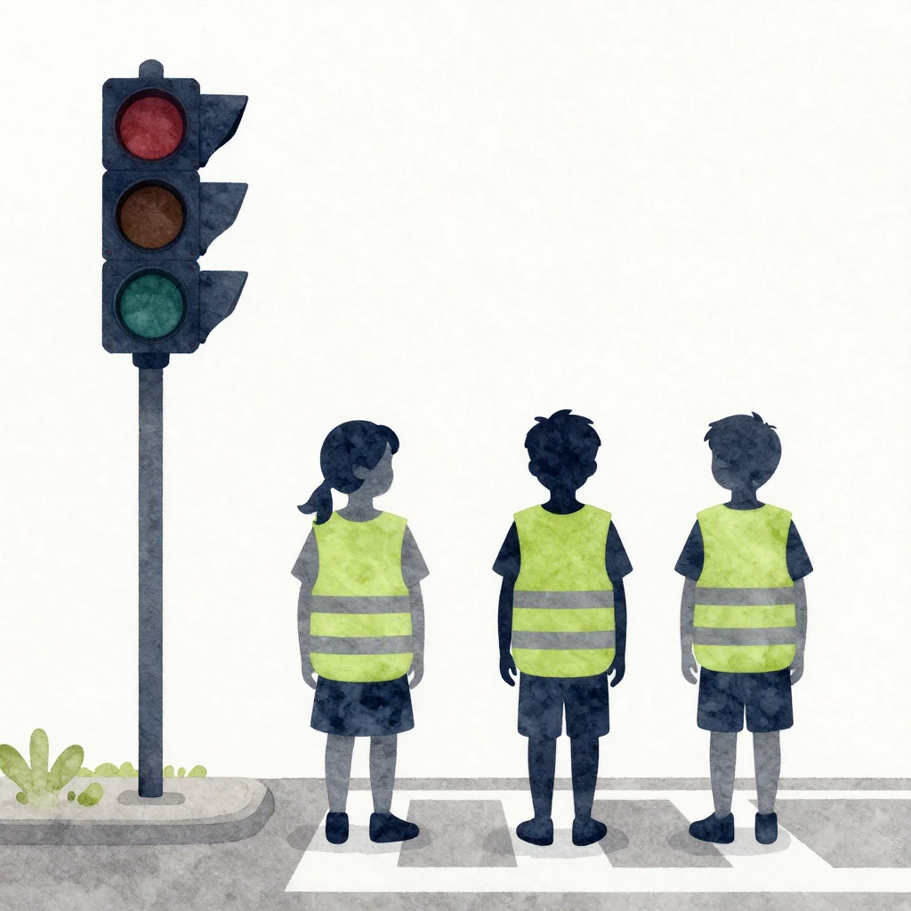 Watercolor style. Silhouettes of children in reflective vest...
