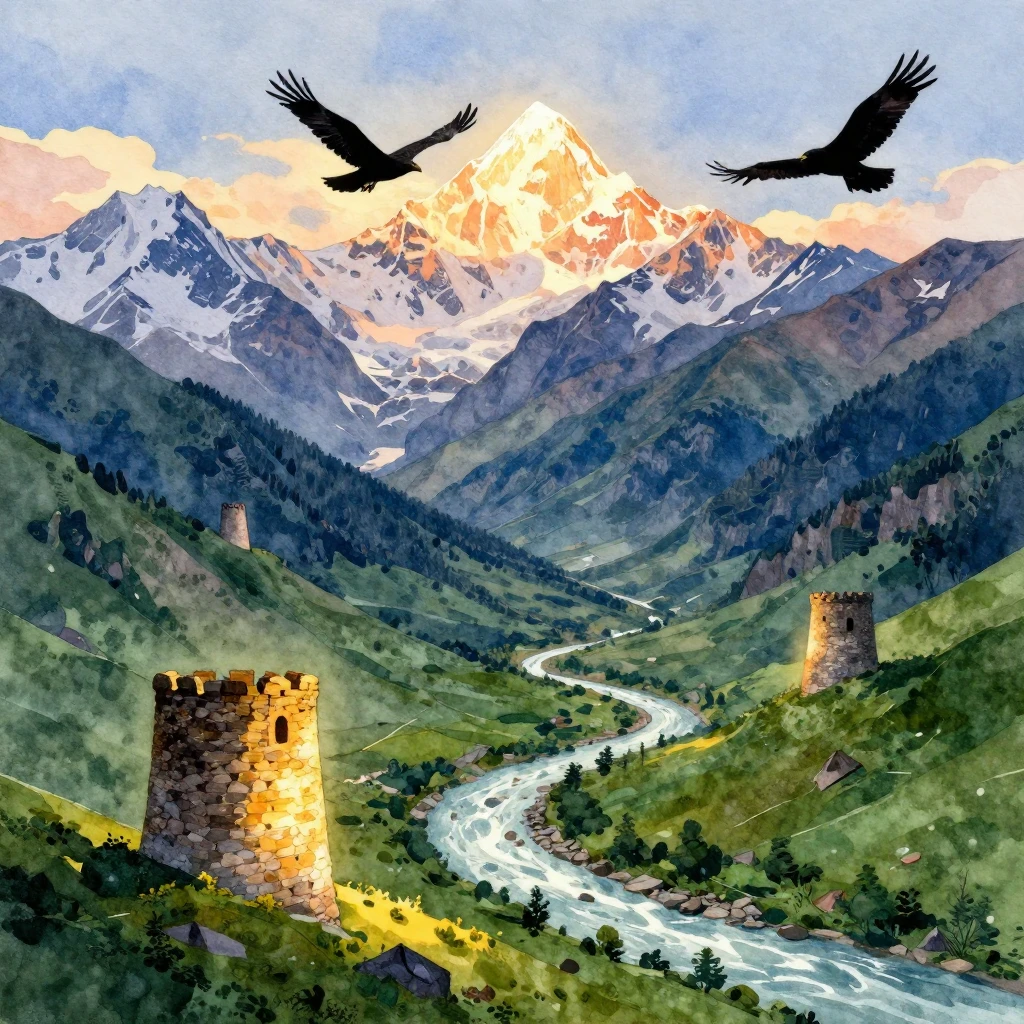 A majestic watercolor painting of the Caucasus mountains at ...
