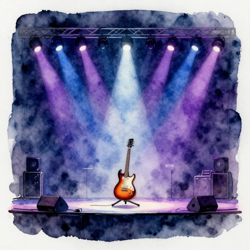 A unique watercolor depiction of an artistic stage setup, fe...