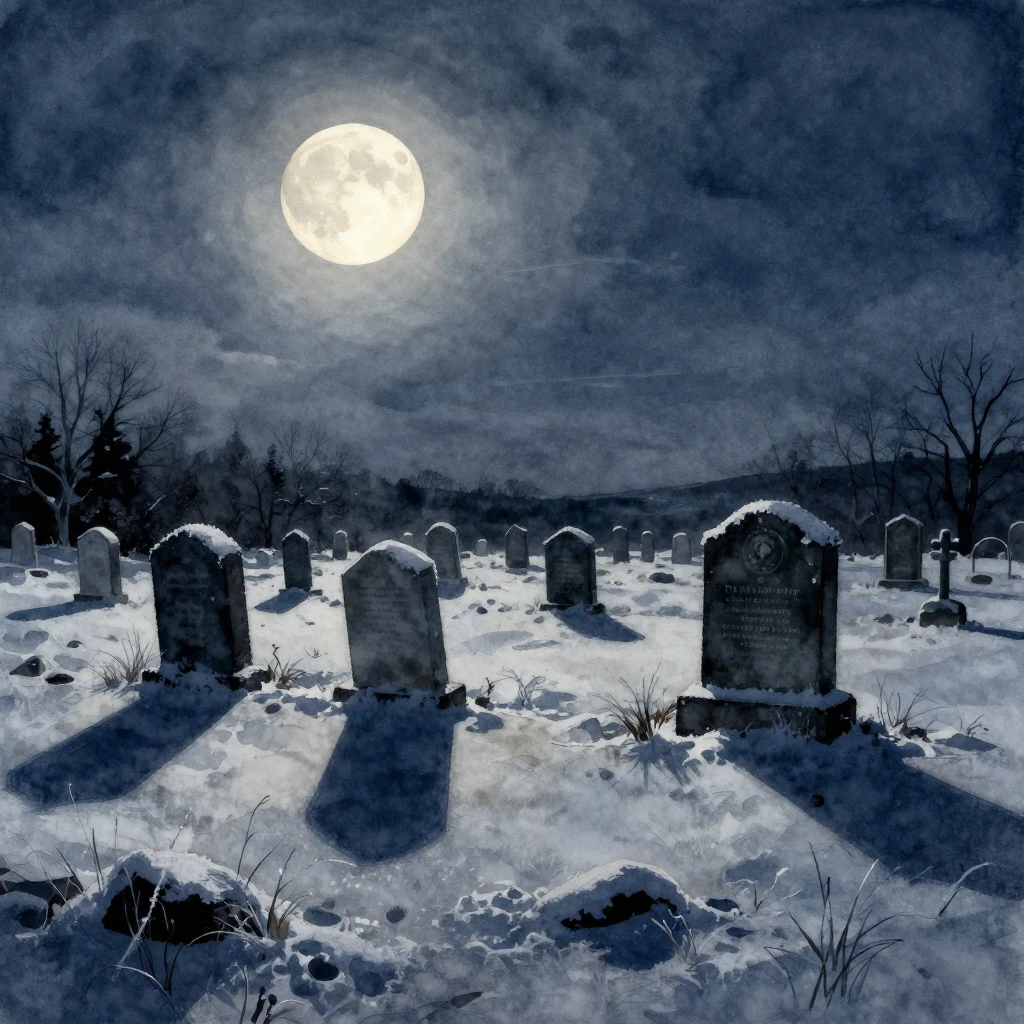 A scene dominated by moonlight and deep shadows. A desolate ...