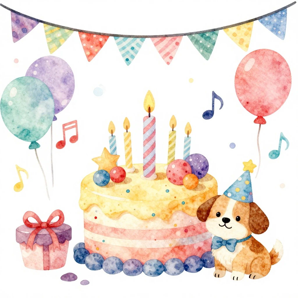A vibrant watercolor illustration of a festive birthday scen...