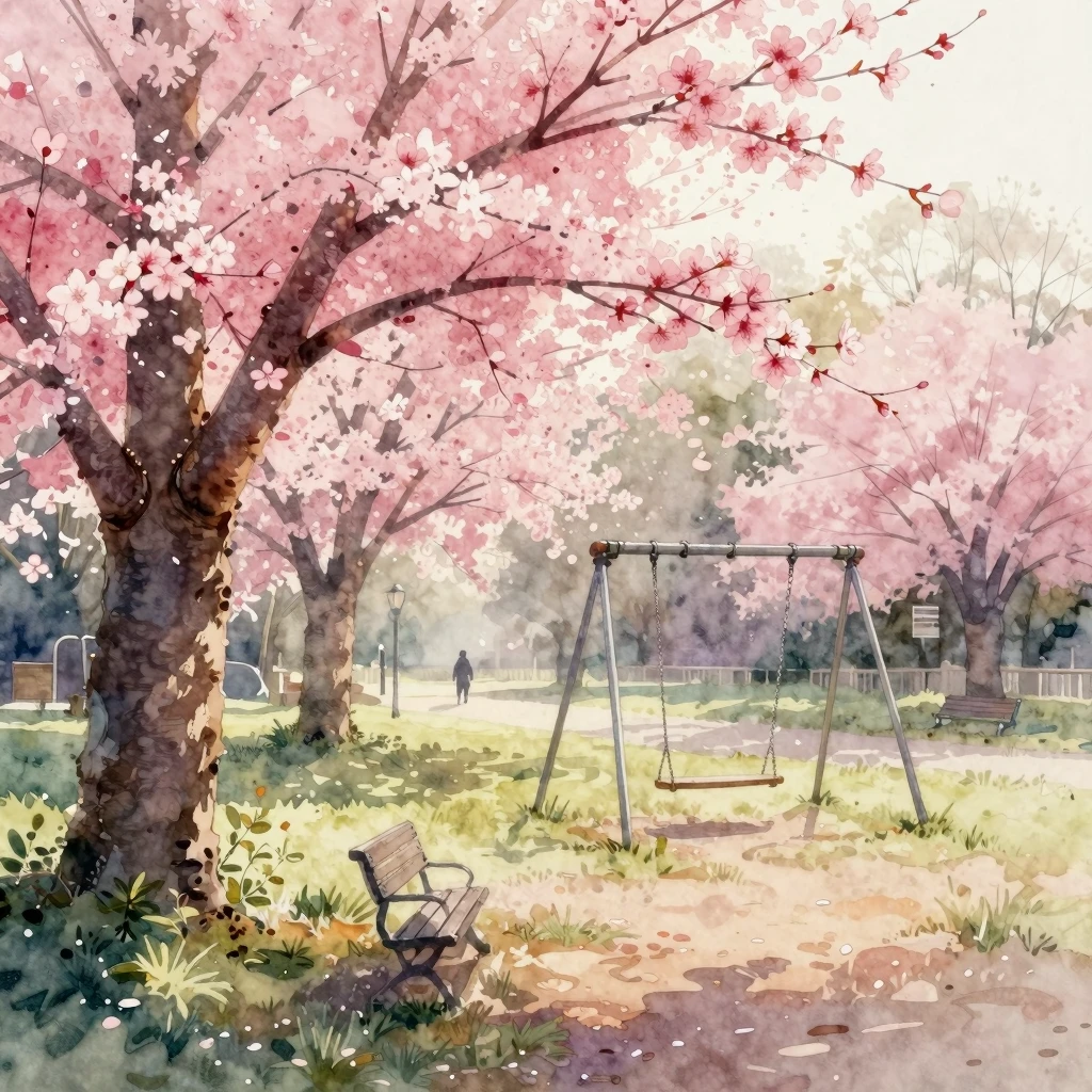 Vibrant watercolor style. An old, melancholic park at dawn, ...