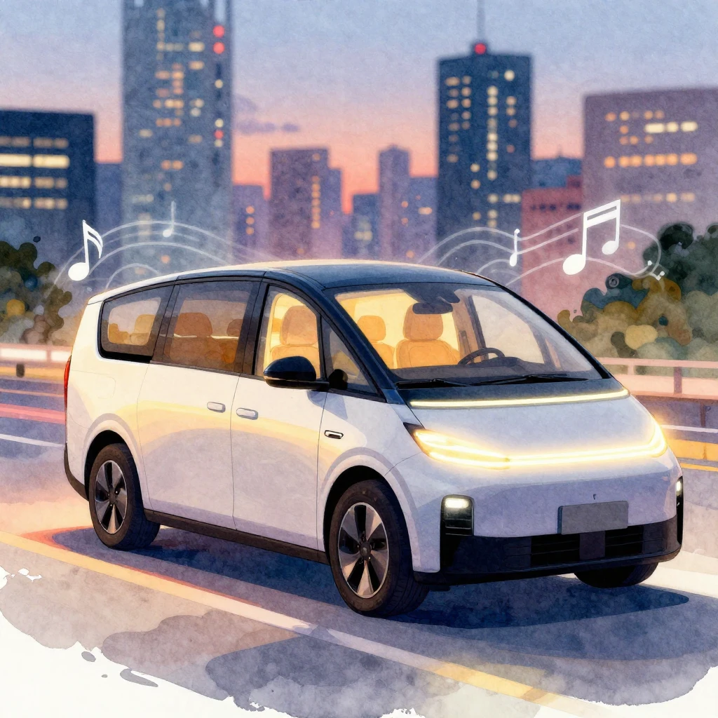 A vibrant watercolor painting of a stylized, modern minivan....