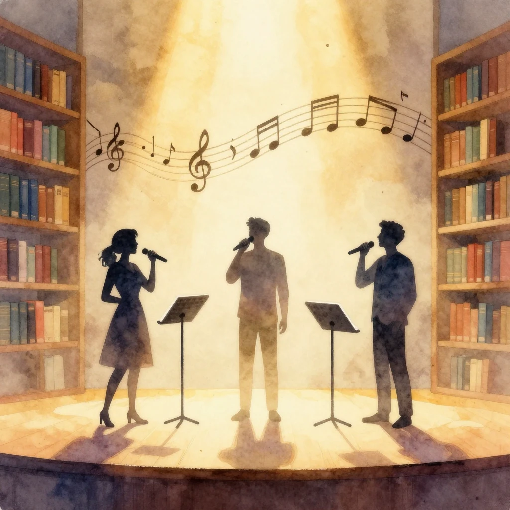 A watercolor painting of a library concert with three styliz...