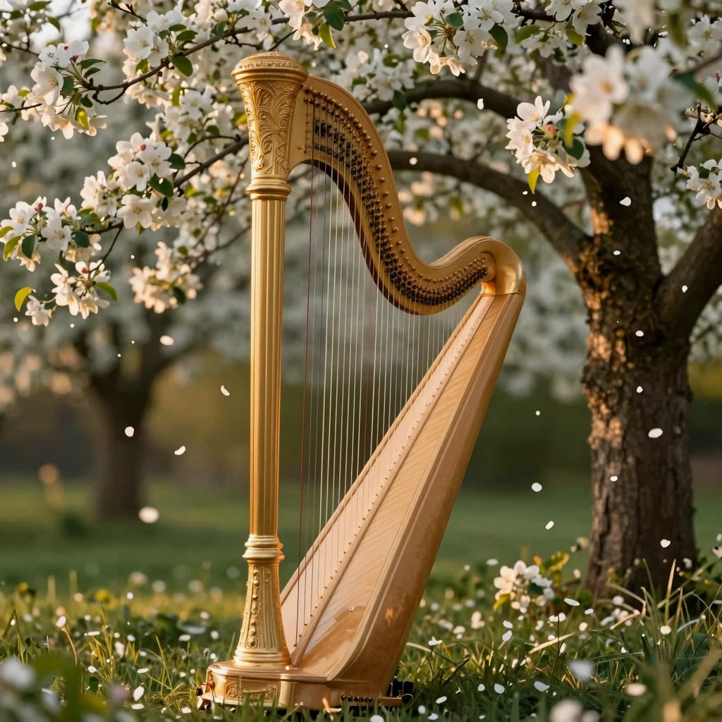 A delicate golden harp standing in a lush garden of blooming...