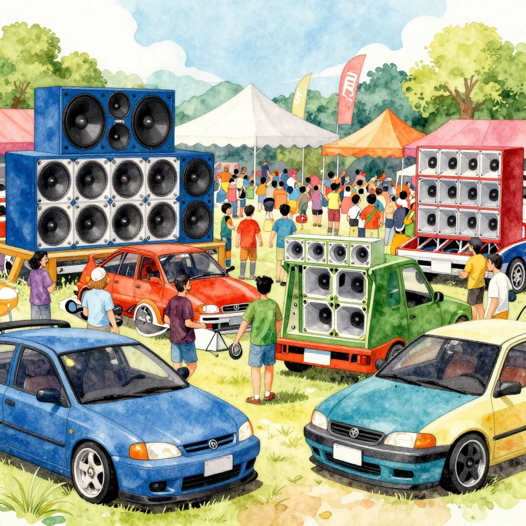 A vibrant, dynamic illustration of a car audio festival, foc...