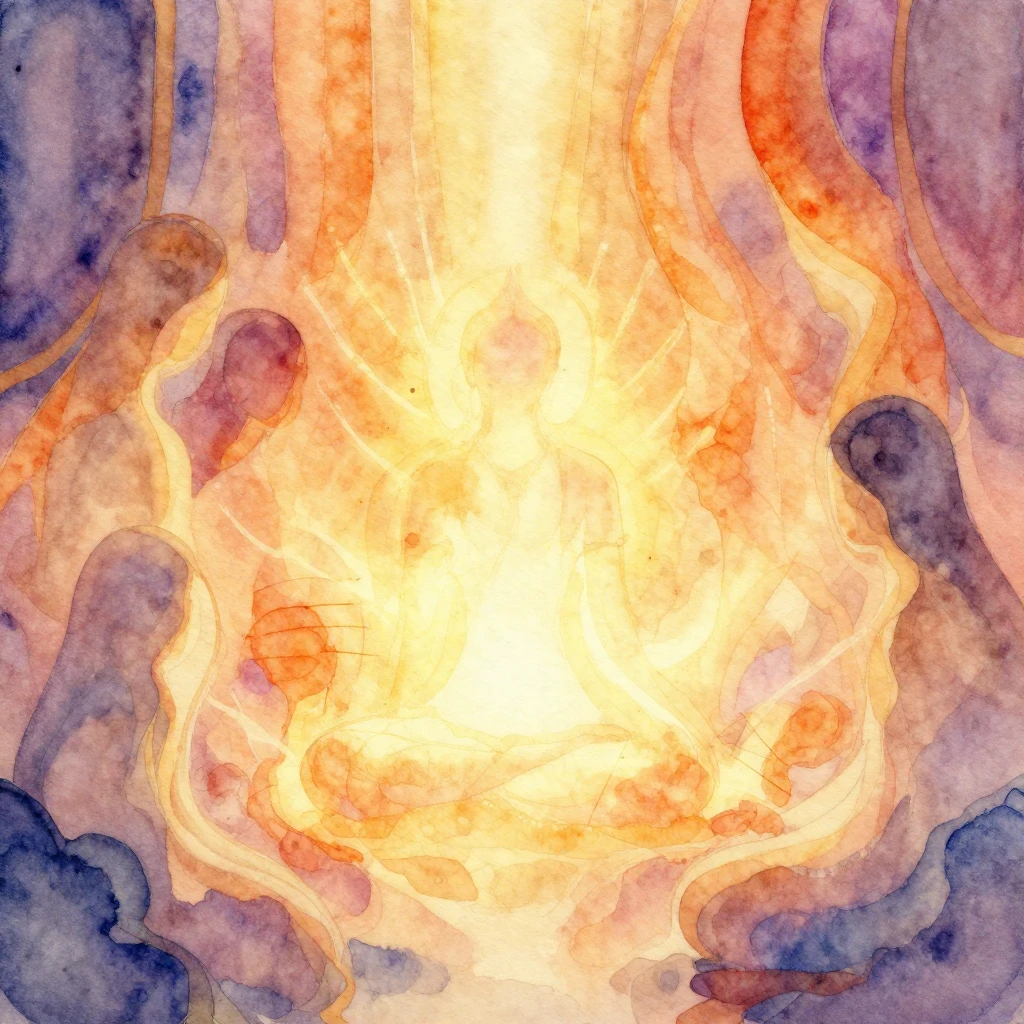 A vibrant watercolor painting depicting an abstract spiritua...