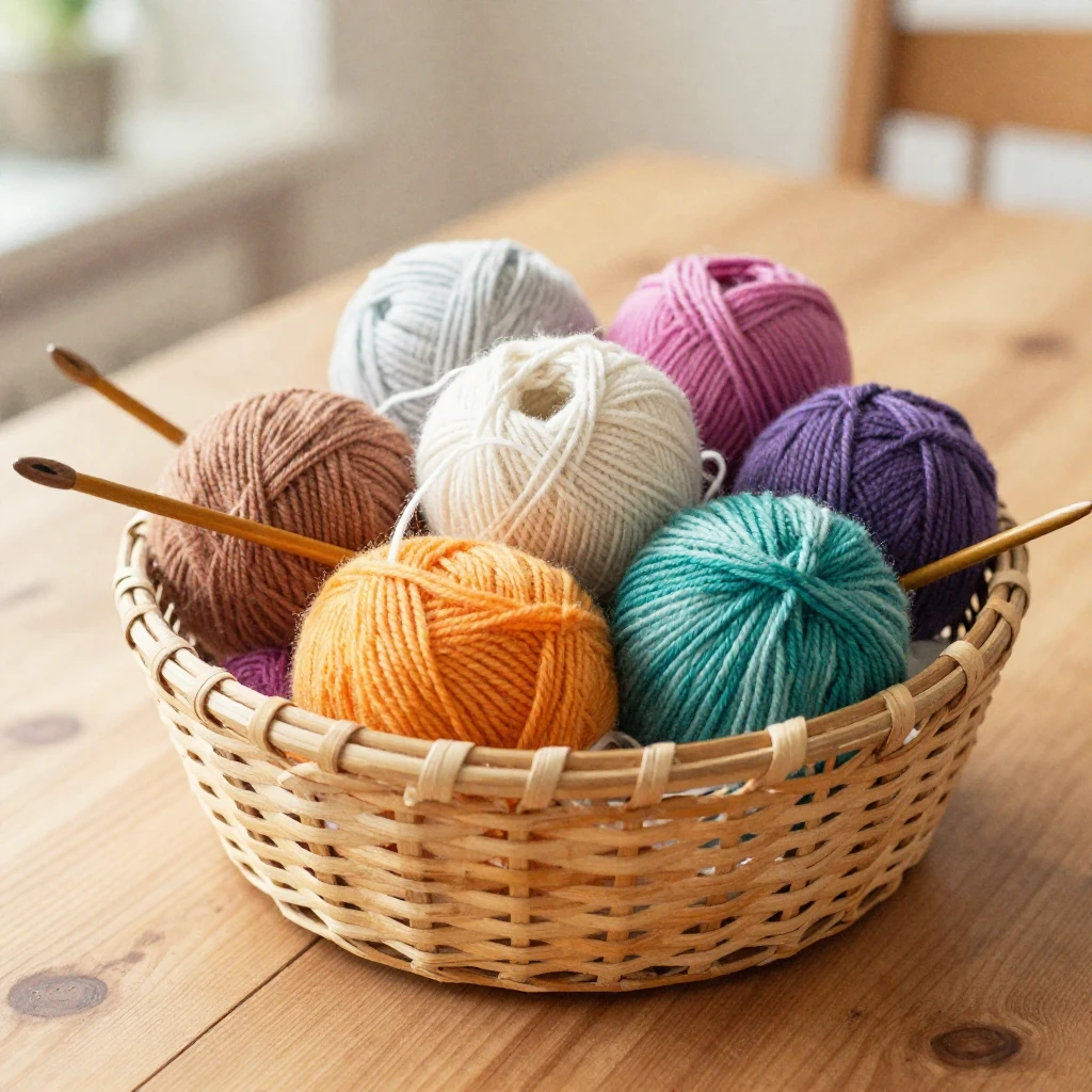 A close-up of a basket filled with colorful yarn and knittin...