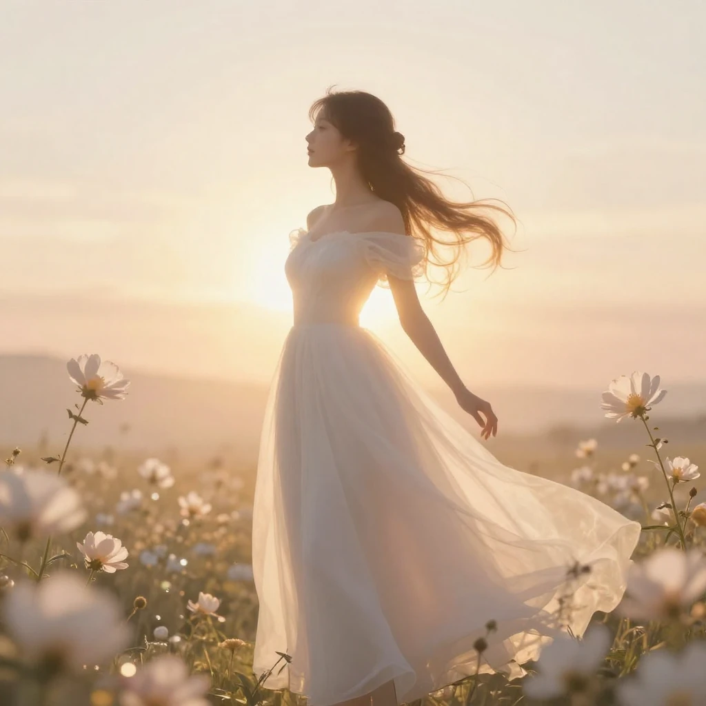 A silhouette of a graceful woman, resembling a princess, sta...