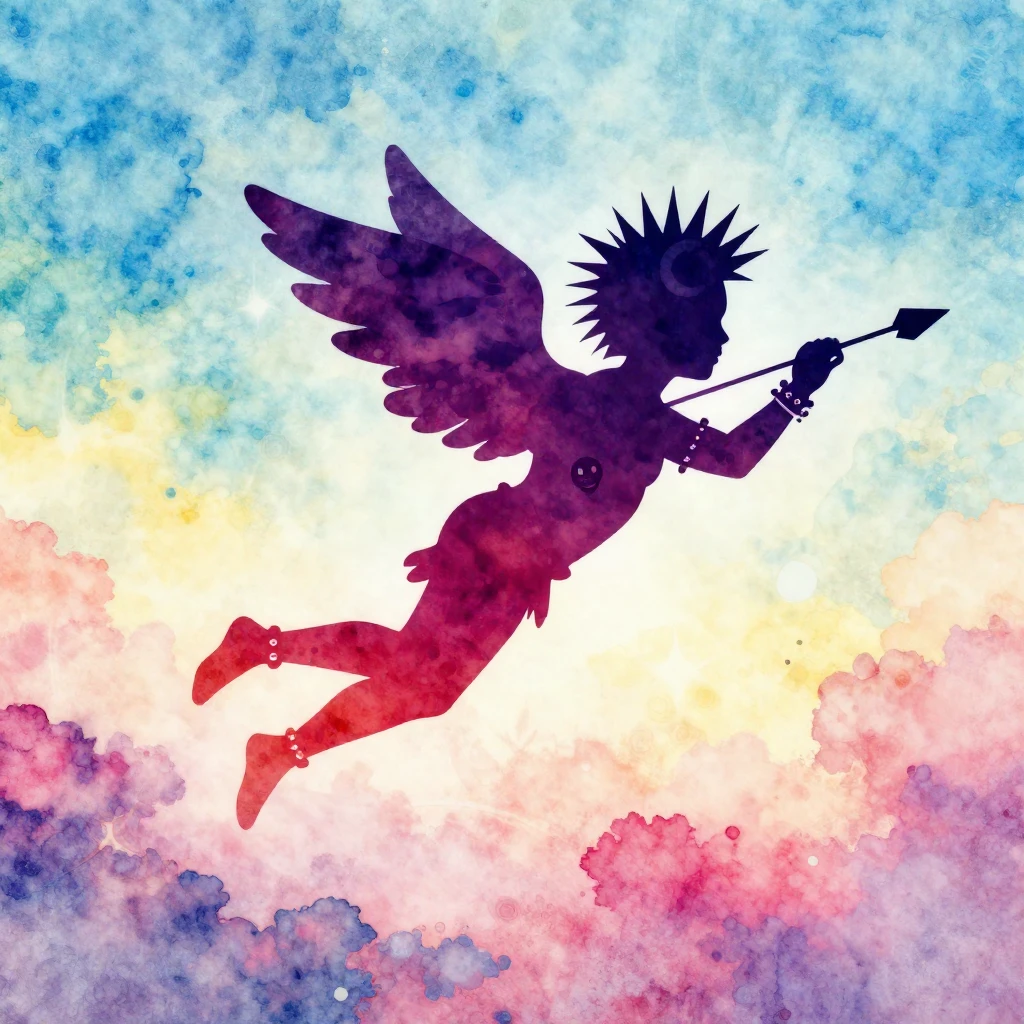 A vibrant watercolor style illustration of a punk rock cupid...