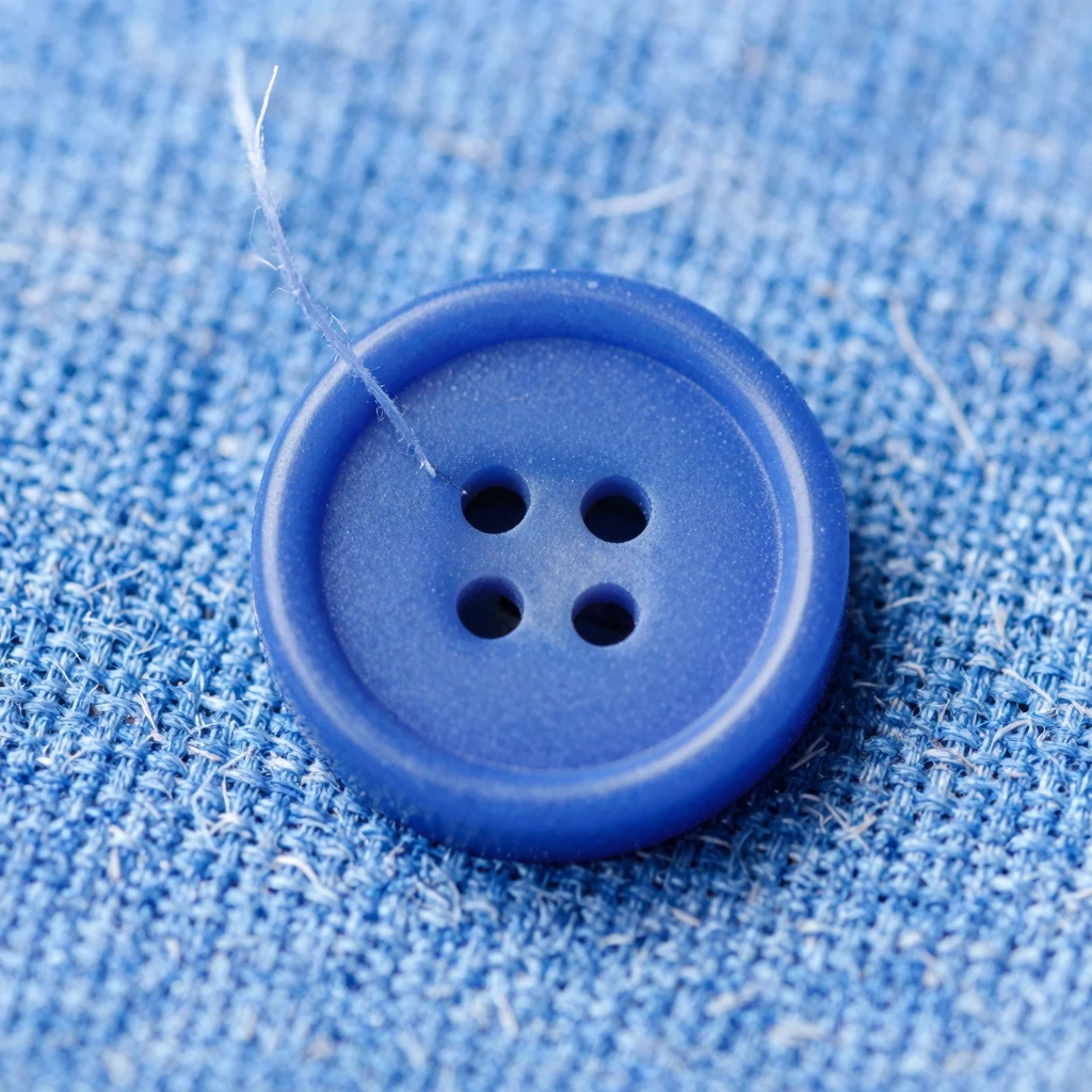 A close-up of a single blue linen button, with loose threads...
