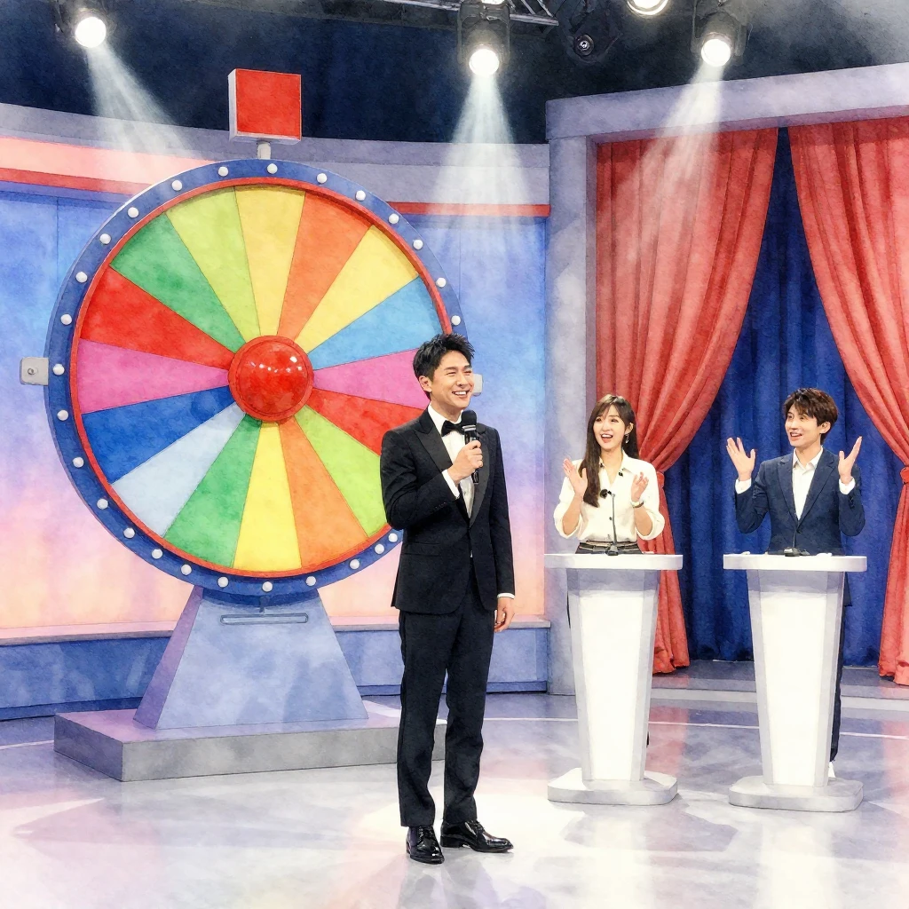 Watercolor style. A bright, energetic TV studio with a large...