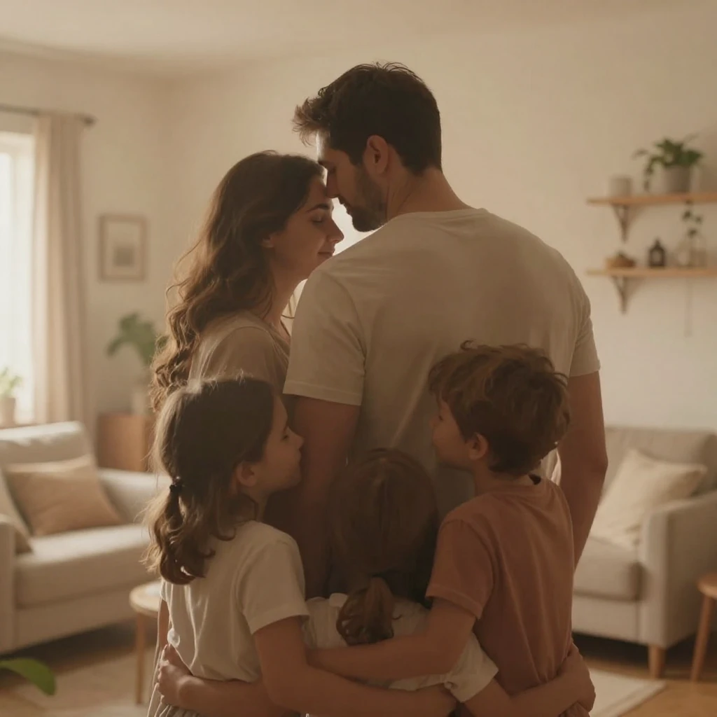 A subtle silhouette of a strong, loving man embracing his fa...