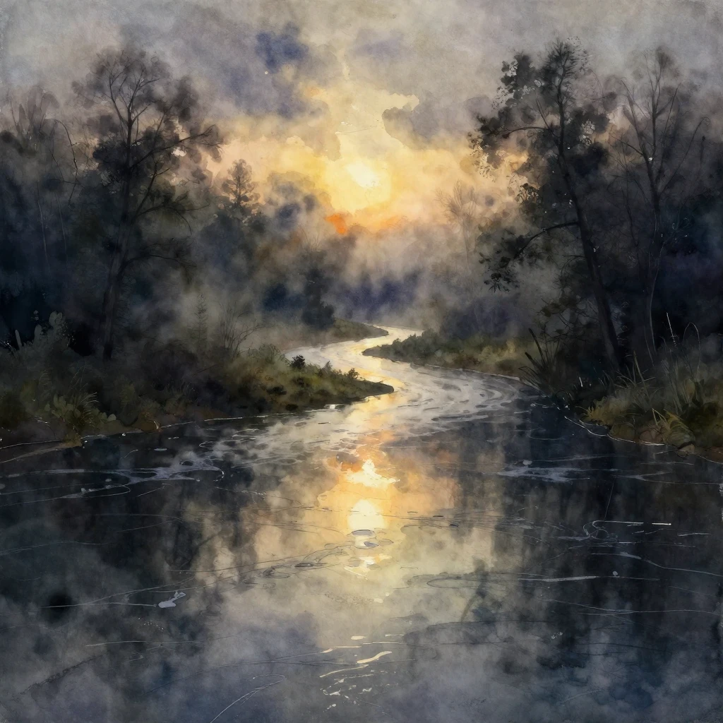 A river landscape bathed in the atmospheric light of dawn, e...