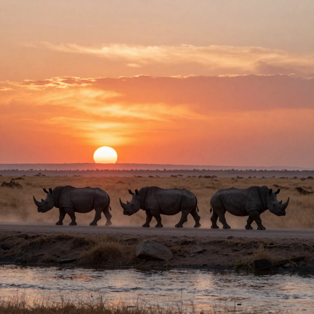 Three rhinos running across a vast, dusty savanna at sunset,...