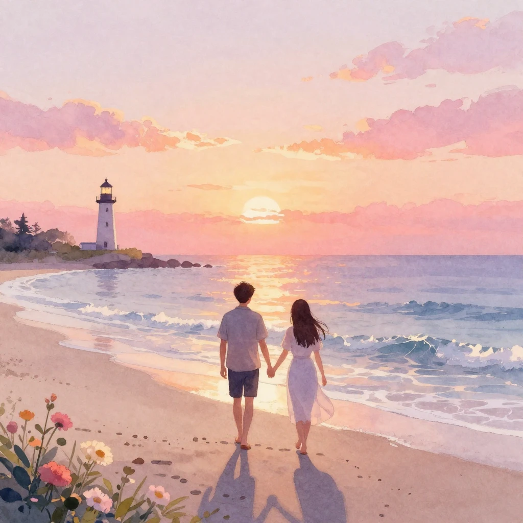 A soft and ethereal watercolor painting depicting a couple w...