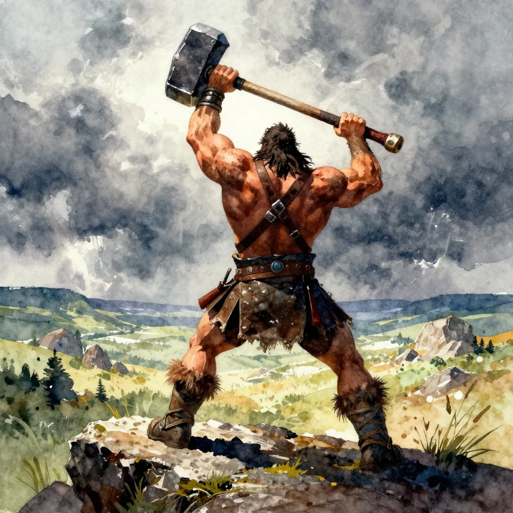 A powerful, muscular barbarian figure, seen from behind, rai...