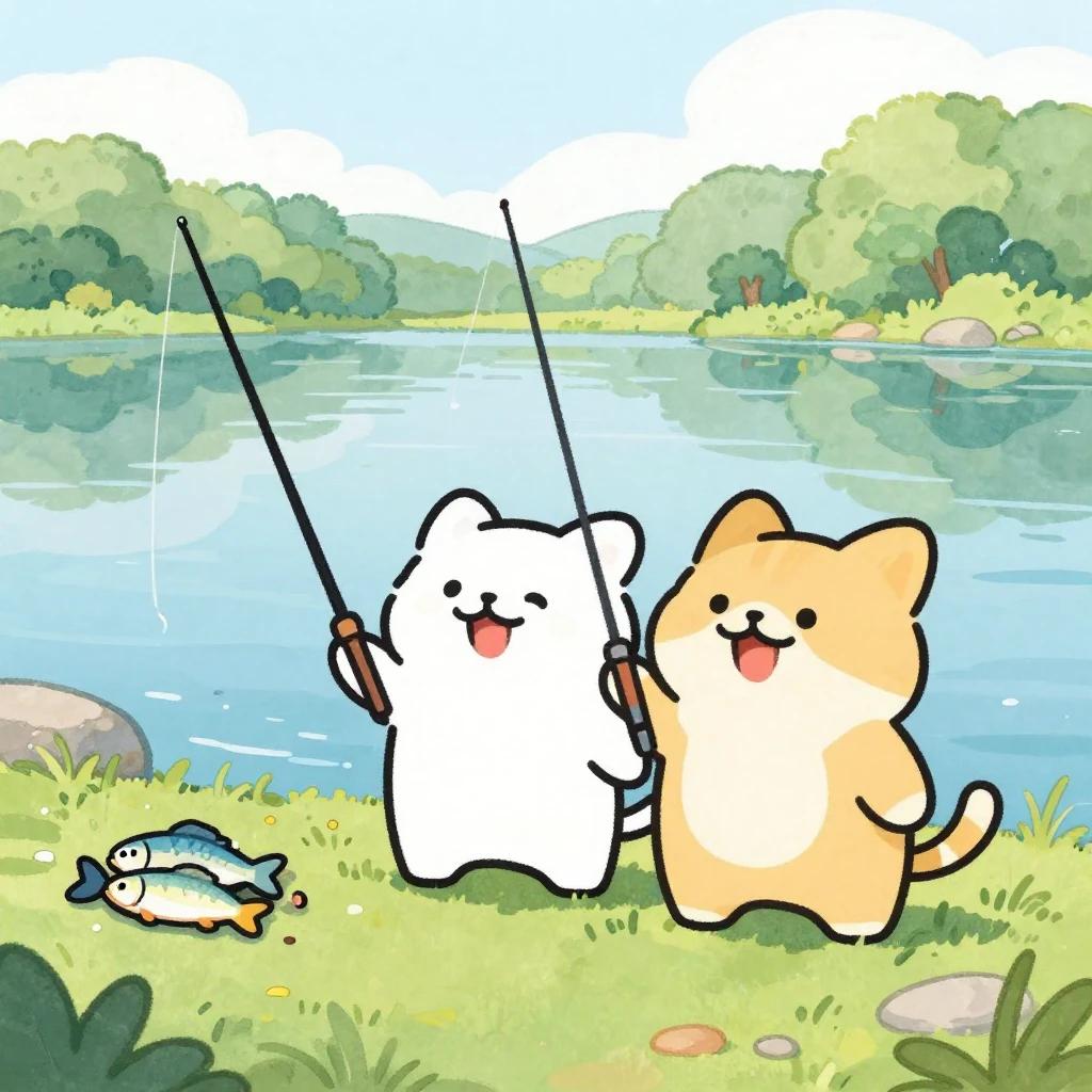 Two happy, anthropomorphic cats fishing by a calm lake, a sm...