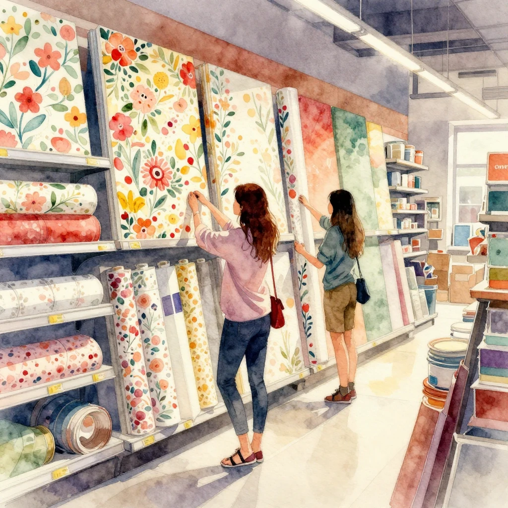 Watercolor painting of a home improvement store with rolls o...
