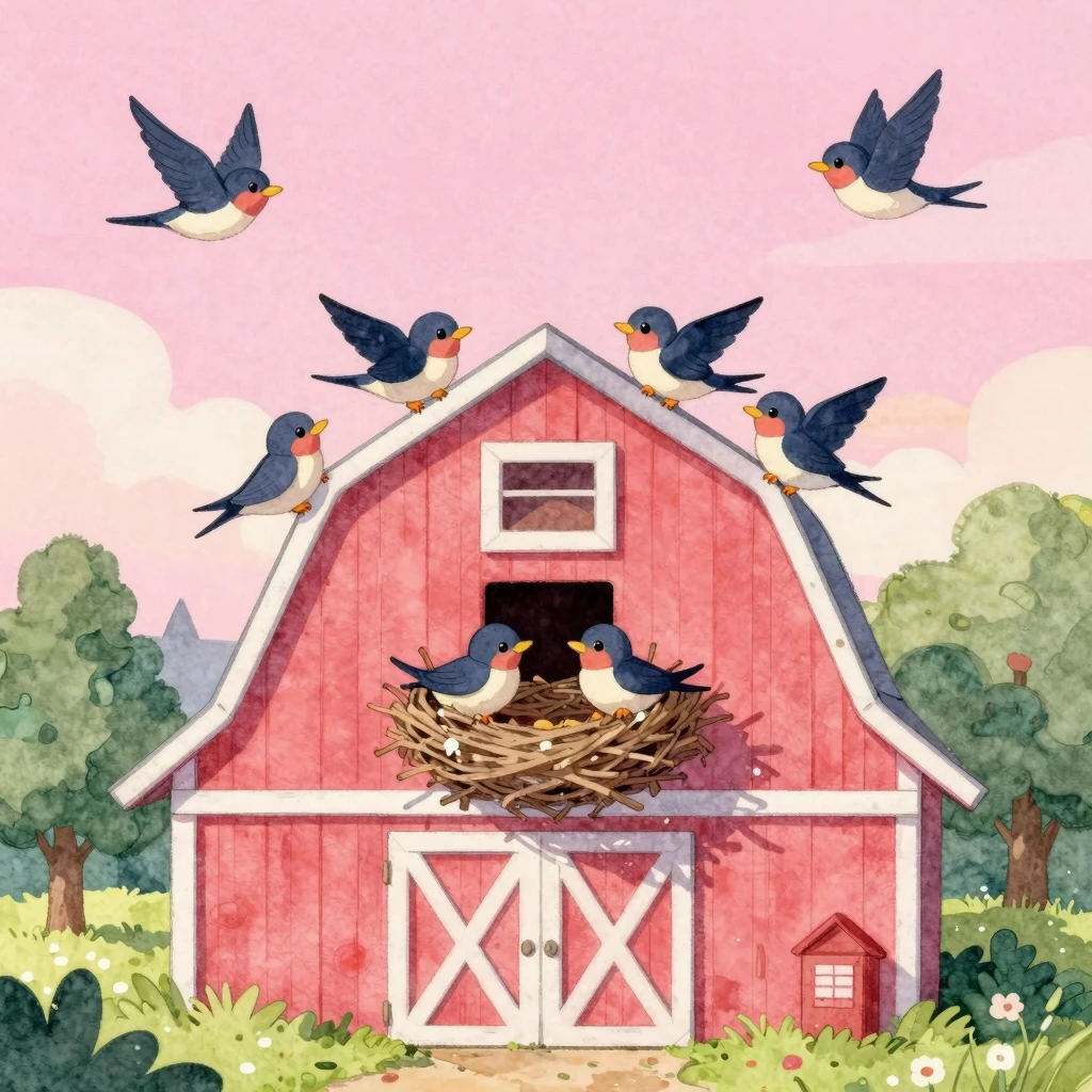 Vibrant watercolor style. Cute cartoon swallows building a n...