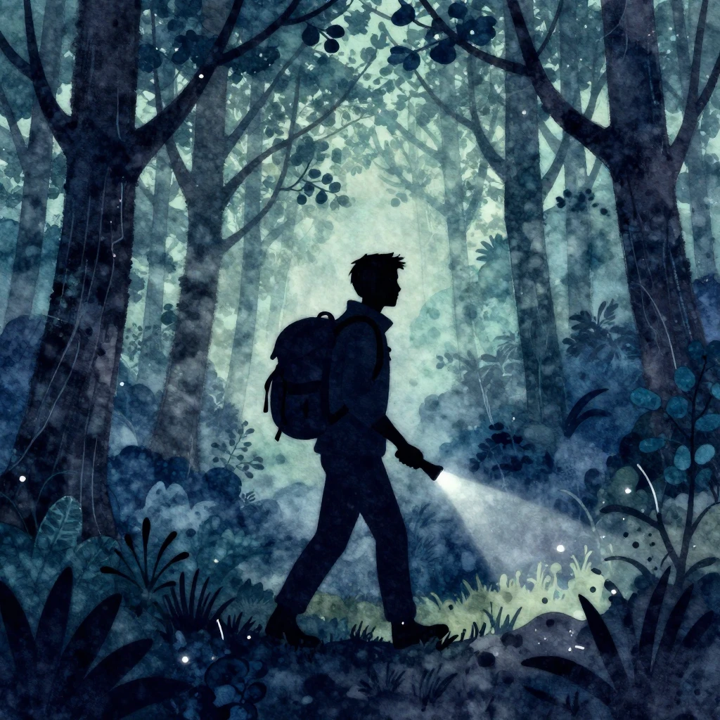 Vibrant watercolor style. Dark silhouette of a lone wanderer...