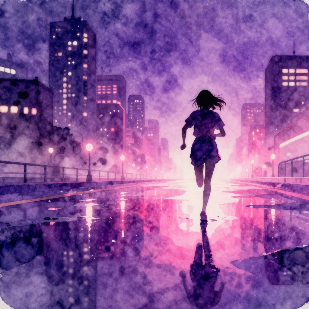 Watercolor style. Neon city lights reflecting in puddles at ...