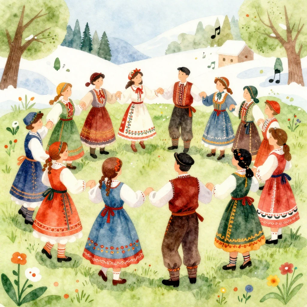 A vibrant watercolor illustration depicting people in tradit...