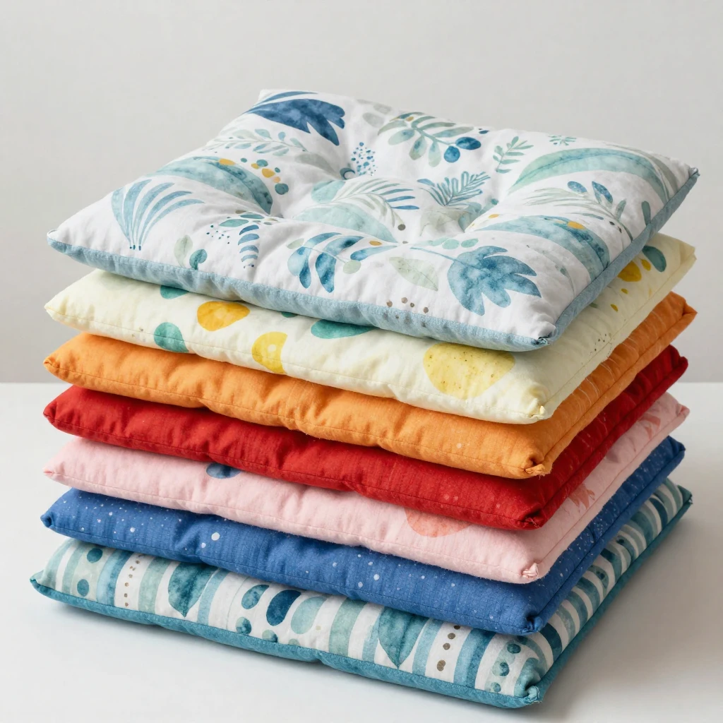 A stack of colorful, soft textile chair pads, handmade with ...