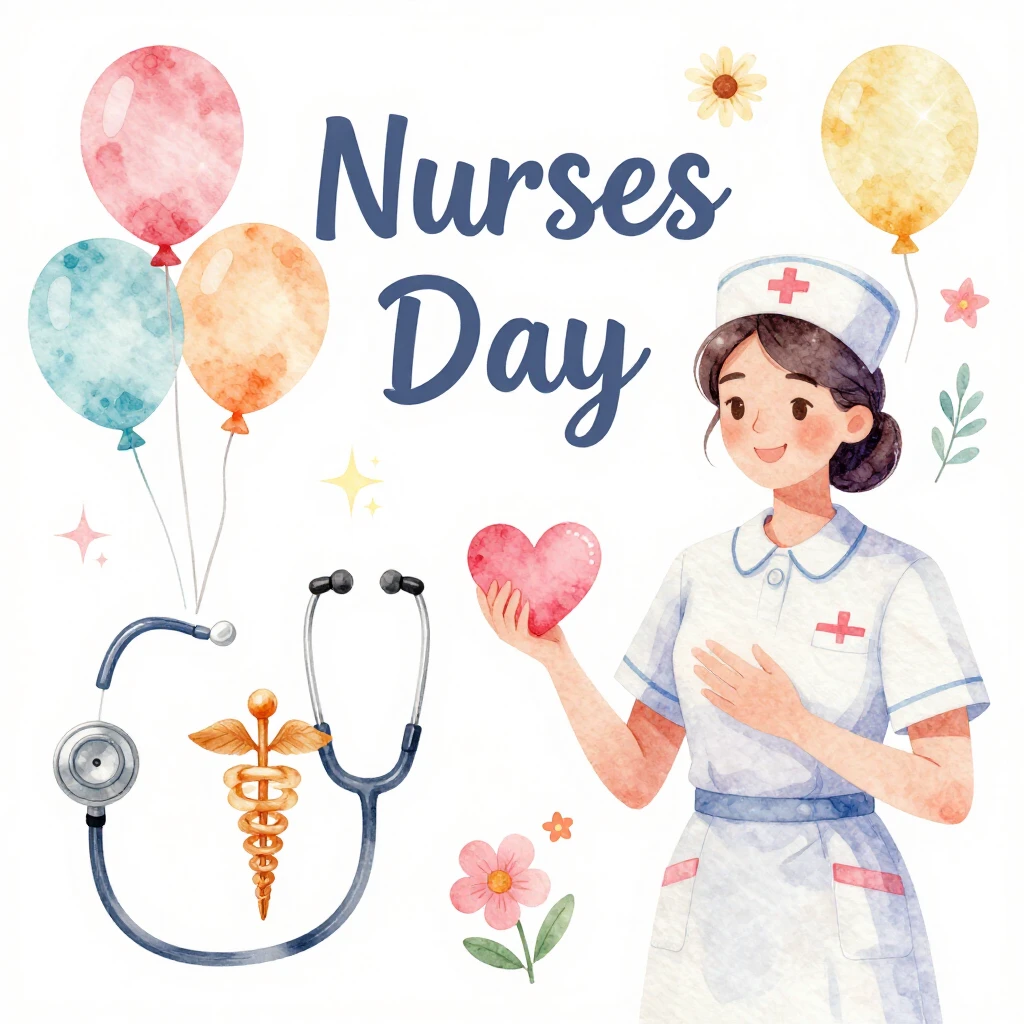 A bright, festive watercolor illustration for Nurses Day. Me...