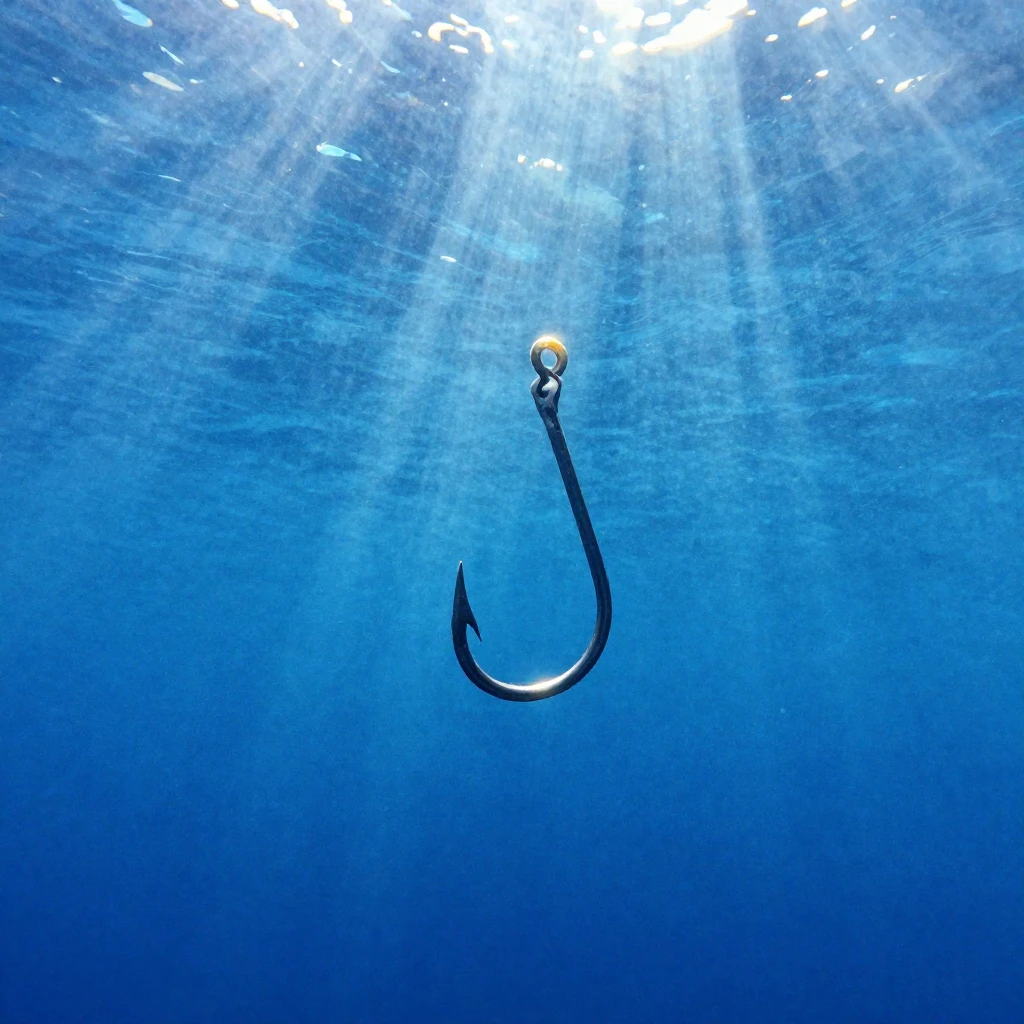 A single, elegant fishing hook, subtly glowing at its tip, s...