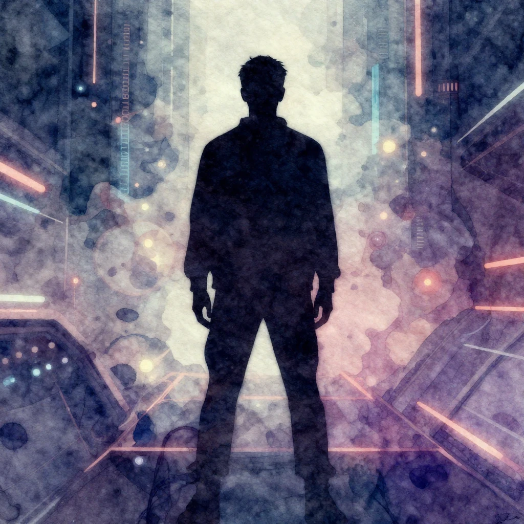 A dark silhouette of a person standing against a futuristic,...