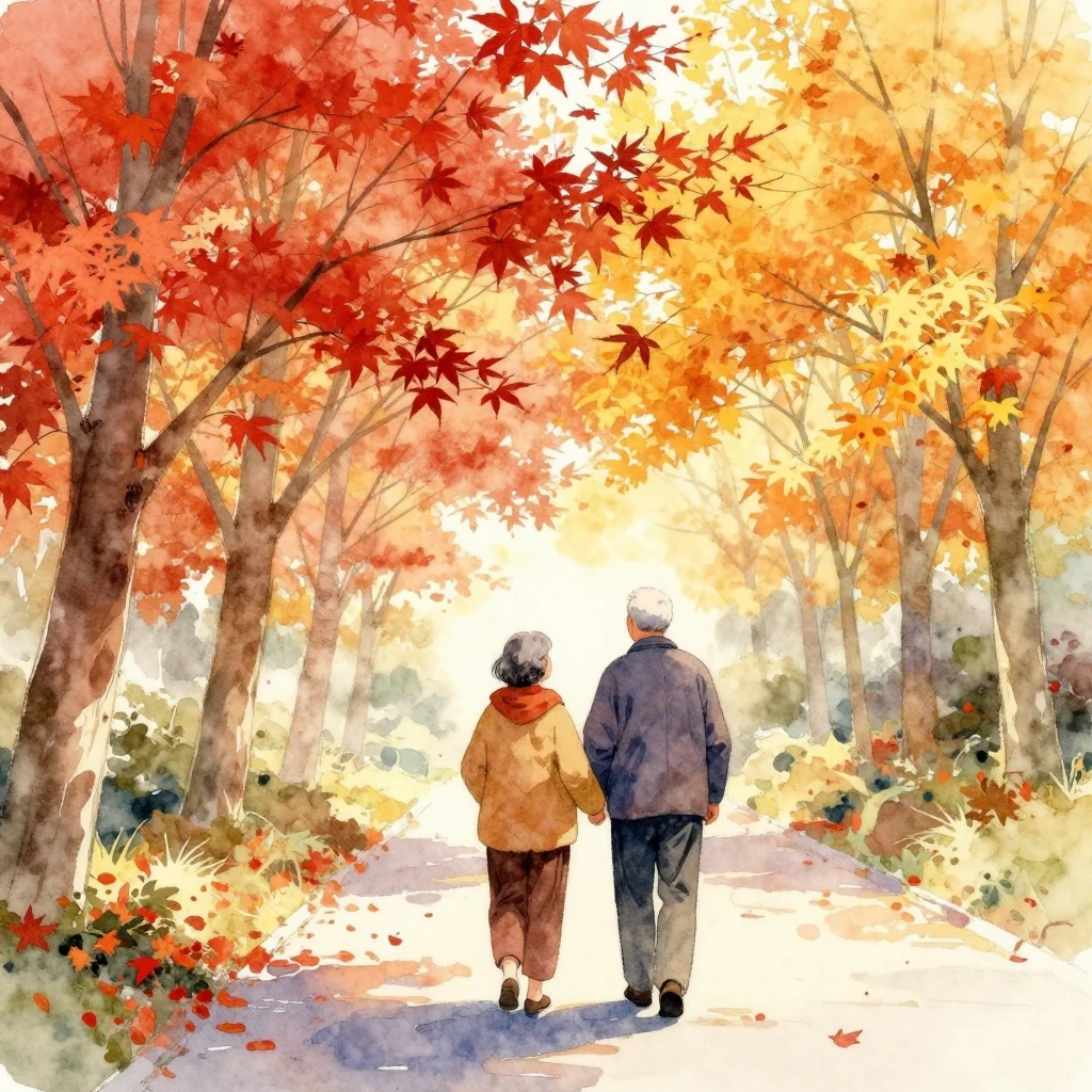 A watercolor illustration of an elderly couple walking hand ...