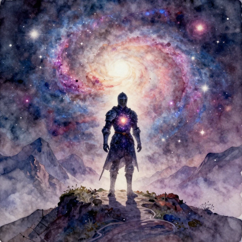 A lone silhouette of a knight, made of stardust and cosmic e...