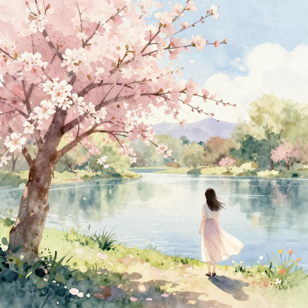 Watercolor style. A beautiful spring landscape with blooming...