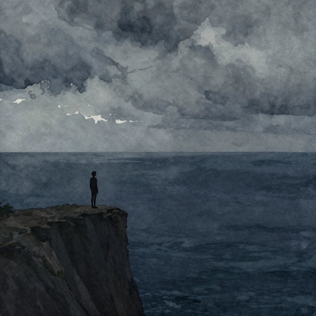 A vast, dark sea under a cloudy sky, a lonely silhouette of ...