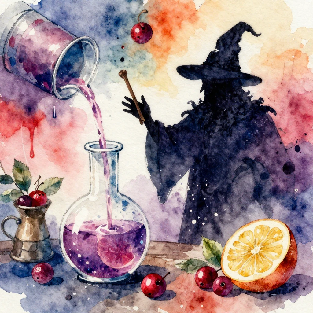 Vibrant watercolor art depicting a potion brewing scene with...
