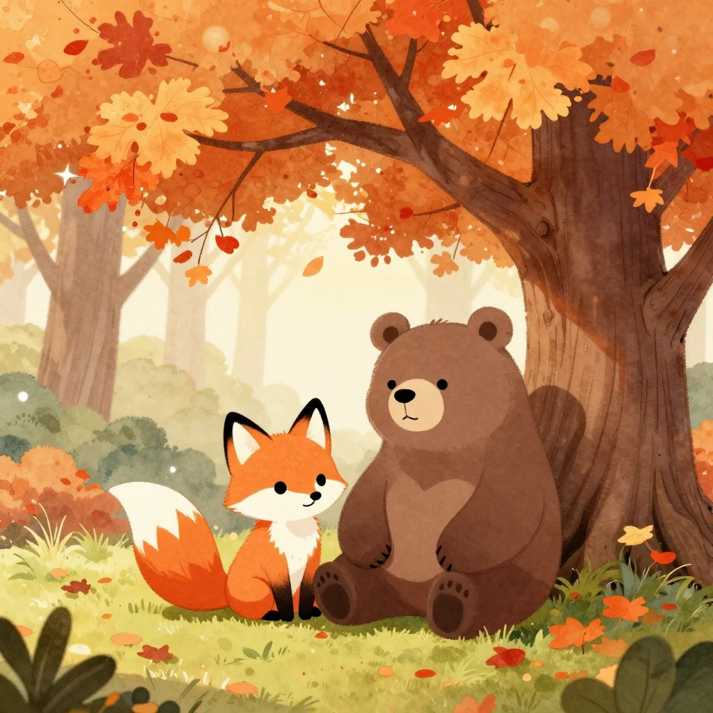 Watercolor style illustration of a cute stylized fox and a b...