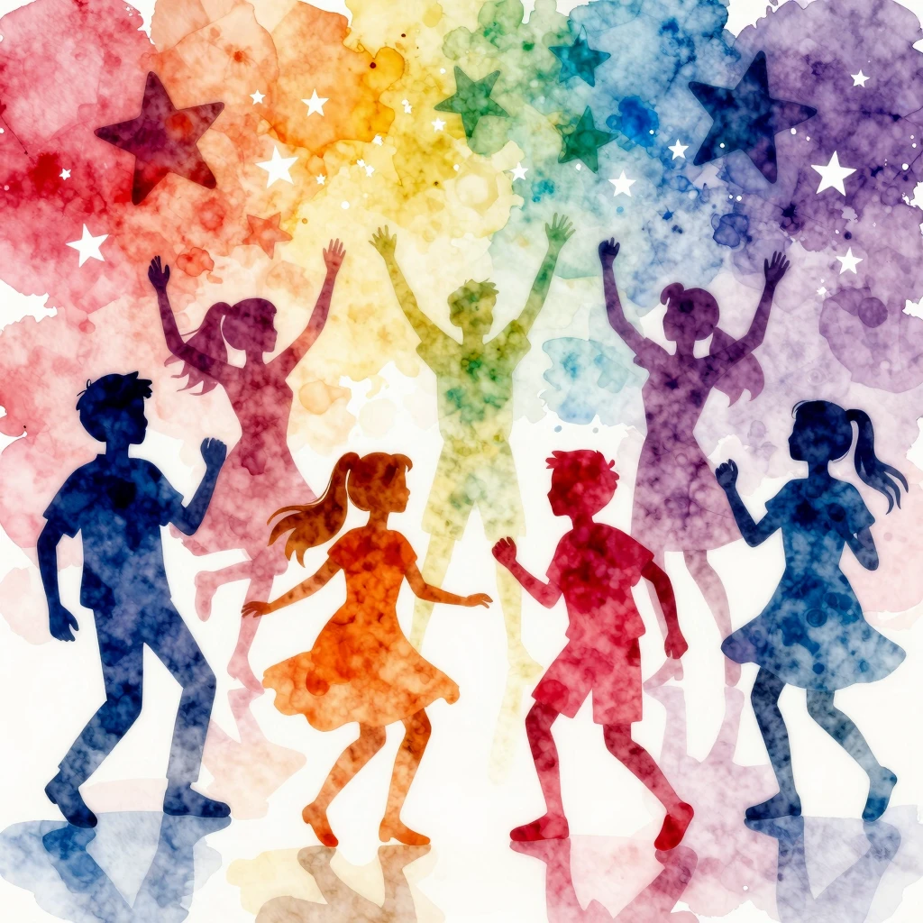 Vibrant watercolor style. Disco party, diverse group of happ...