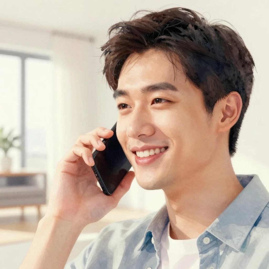 Close-up of a romantic man with happy expression, talking on...
