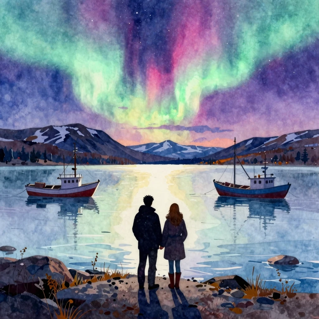 Vibrant watercolor painting of a silhouette of a couple stan...